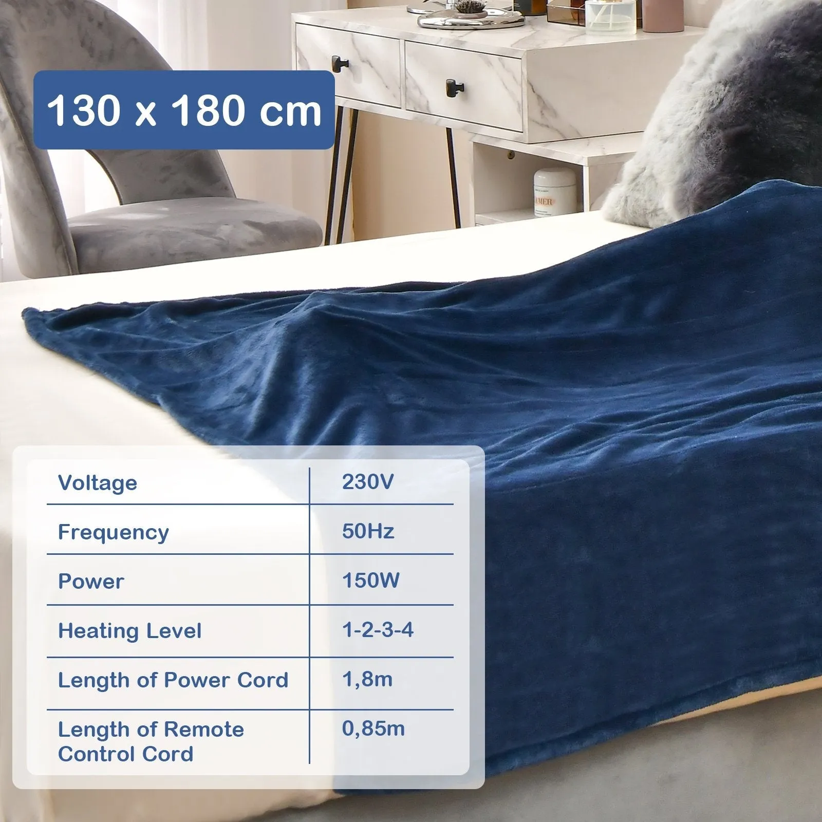 130 x 180 cm Electric Heated Blanket with 4 Heating Levels-Blue