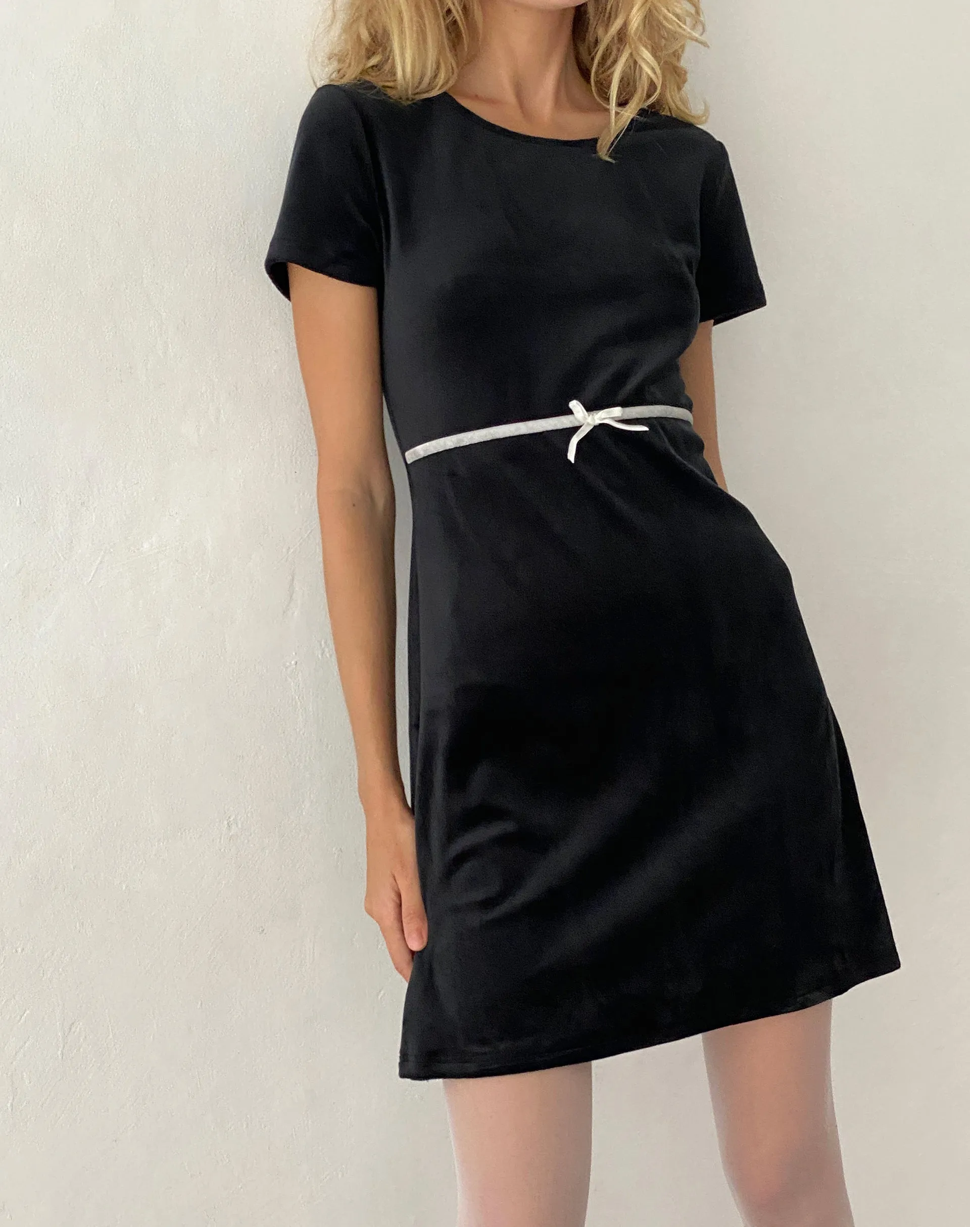 Amanda Mini Dress in Black Velvet with White Trim and Bow