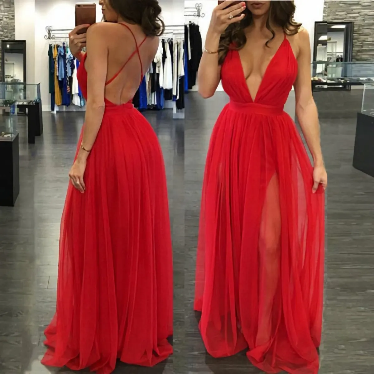 Backless Red Long Spaghetti Straps Deep V Neck Open Back Simple Prom Dresses