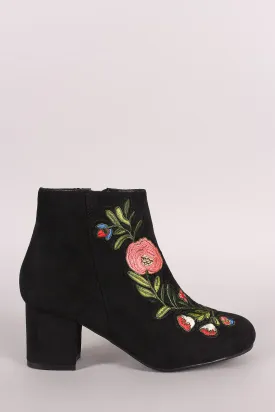 Bamboo Suede Embroidery Floral Applique Chunky Heel Booties