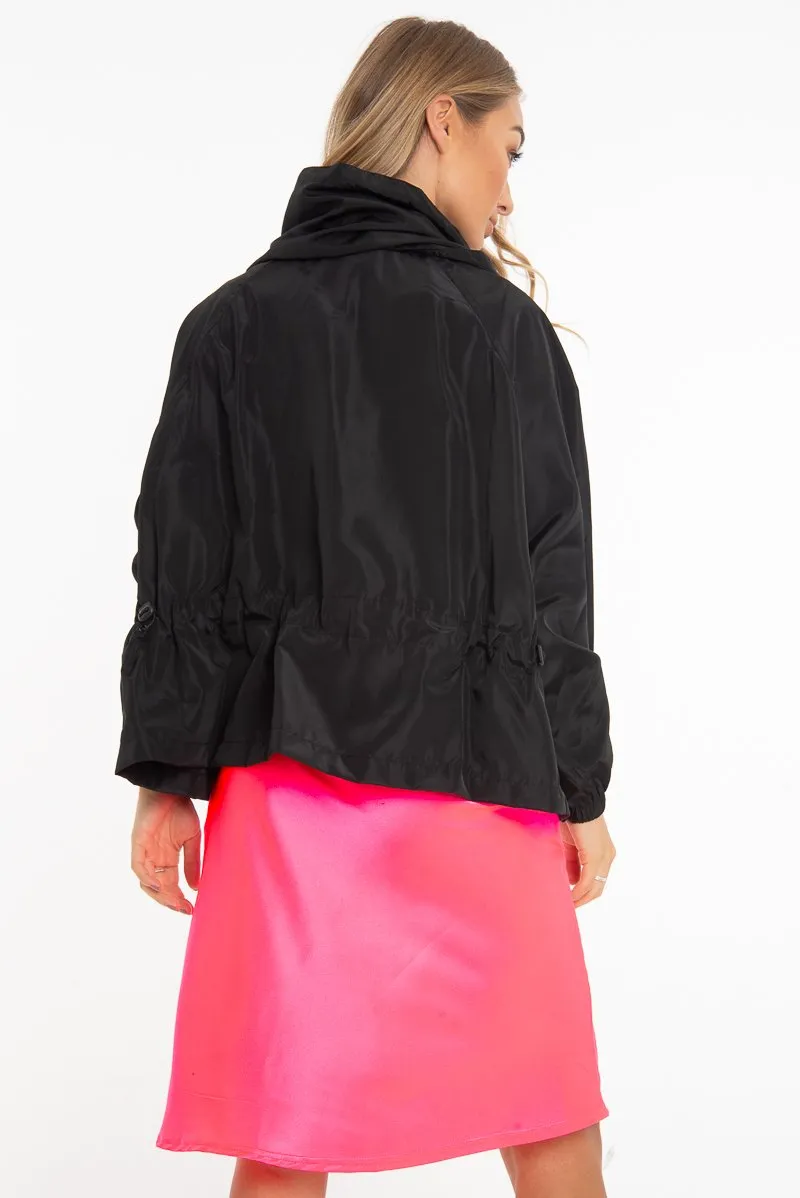 Black Hooded Zip Front Rain Parka - Leticia