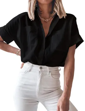 Black Short Cuffed Sleeves Pockets Button-Up Top