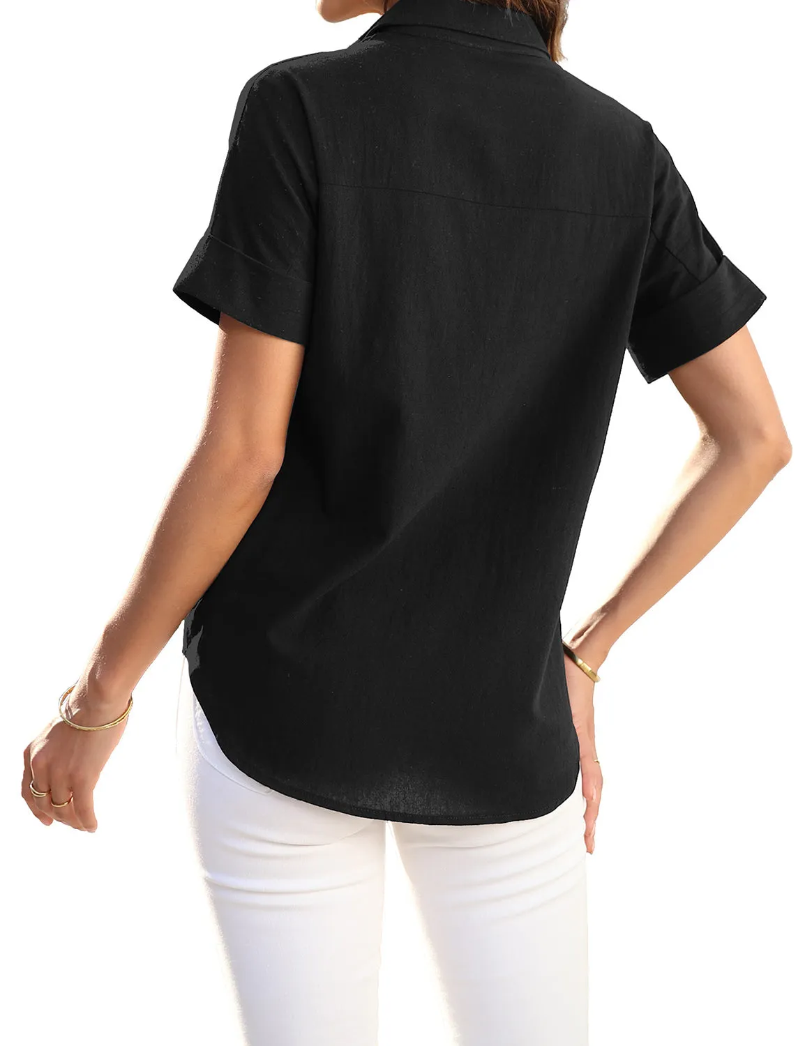 Black Short Cuffed Sleeves Pockets Button-Up Top