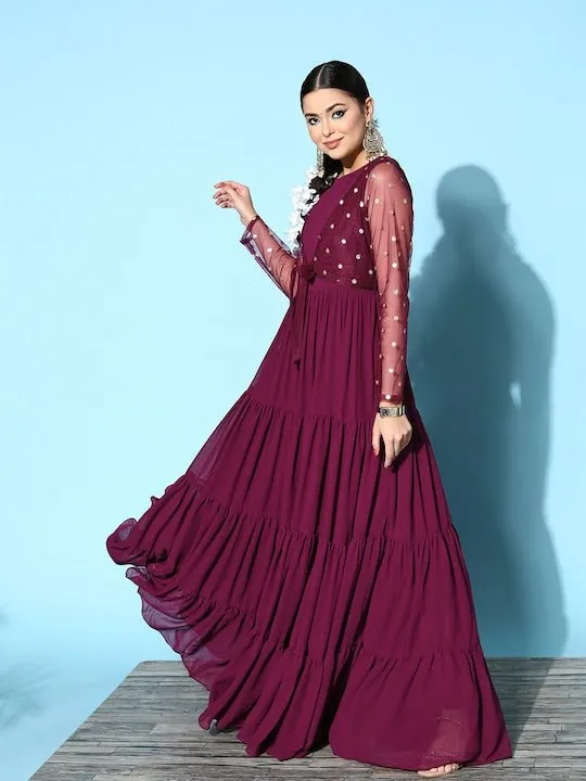 Burgundy Embroidered Detail Georgette Maxi Dress