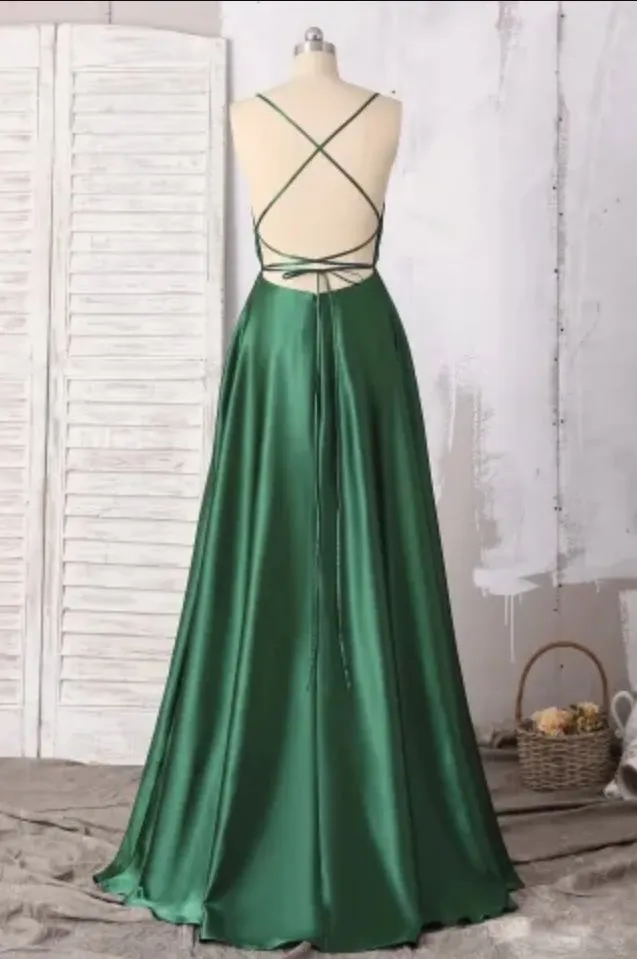 Emerald Green Prom Dresses, Strappy Back Slit Simple Satin Prom Dress