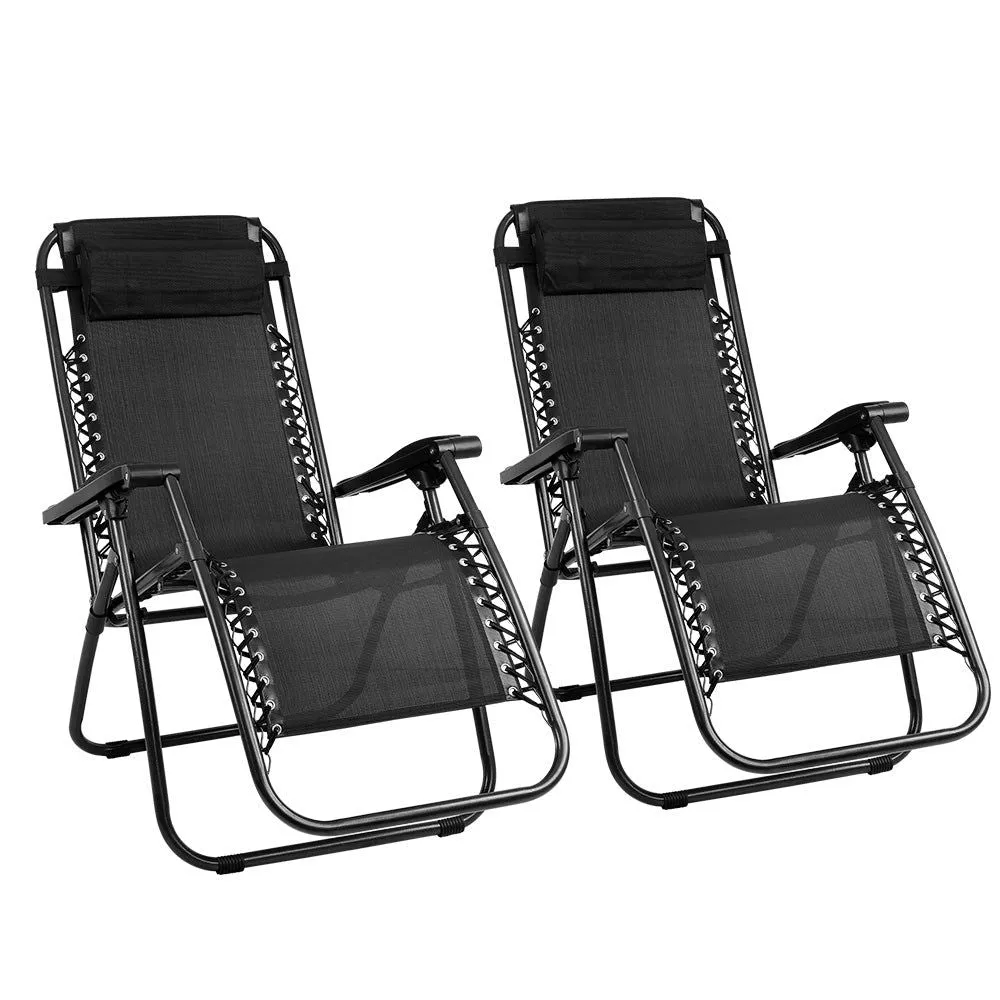 Gardeon Set of 2 Zero Gravity Chairs Reclining Outdoor Furniture Sun Lounge Folding Camping Lounger Black