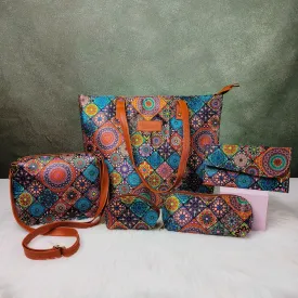 Go Special Tote Combo Set Blue Multicolor Cubic Prints