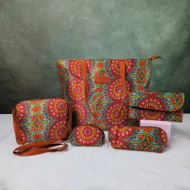 Go Special Tote Combo Set Green with Red and Orange Indian PRints