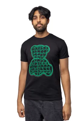 Heads or Tails Men's Slim Fit Crewneck Rhinestone Studded Graphic Printed T-Shirt Stone Tee Green Pattern Outline Bear