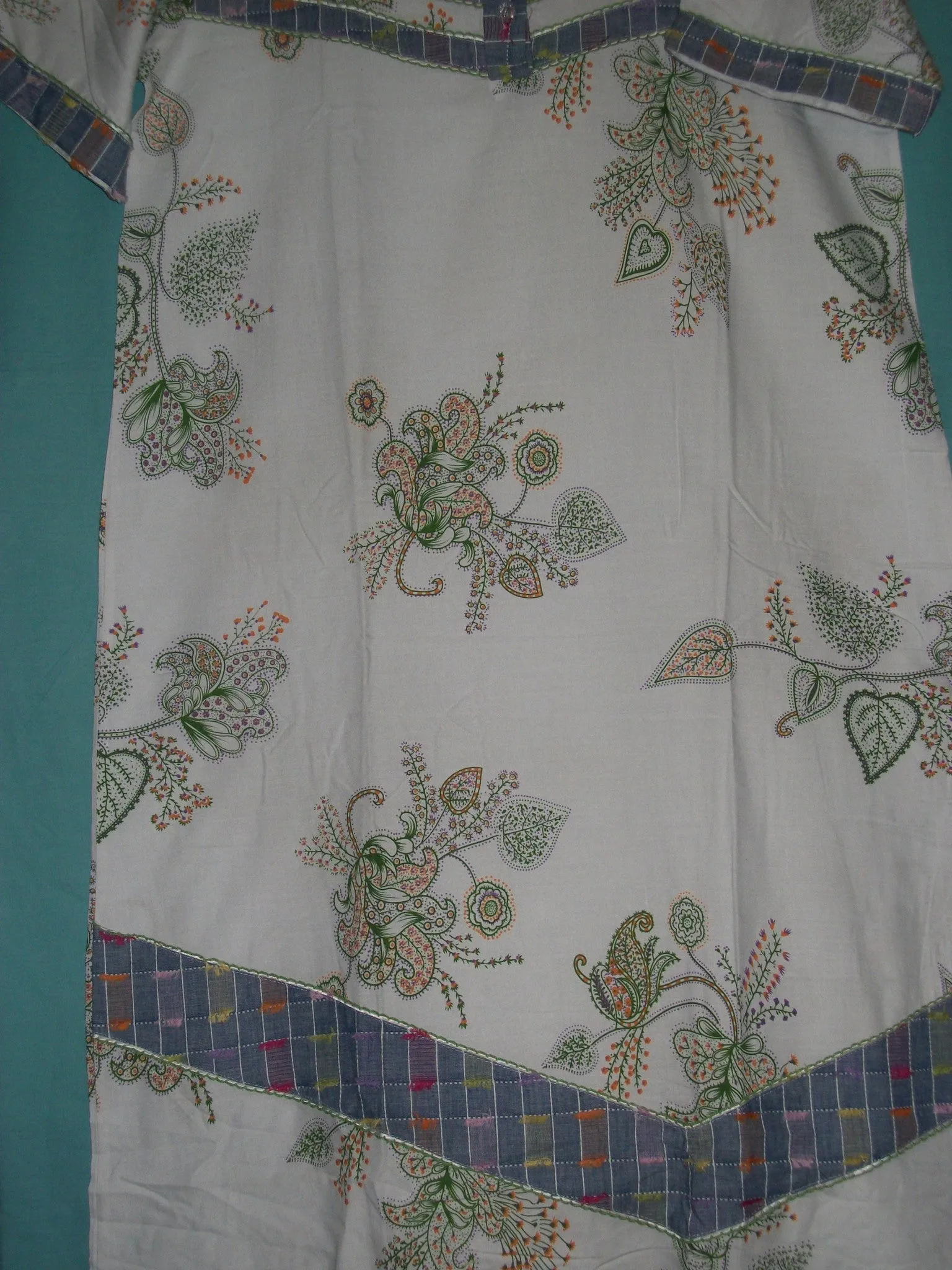 Maxi 1123 White Cotton Green Printed Gown Kaftan Jalabiya L Sleep Wear Shieno