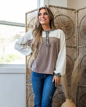 NEW! Shayla Mixed Fabric Color Block Henley Top - Mocha