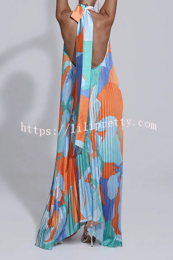 Opera Pleated Colorblock Camouflage Print Cutout Halter  A-line Maxi Dress