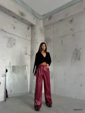 Pleated Wide Leg Leather Pants