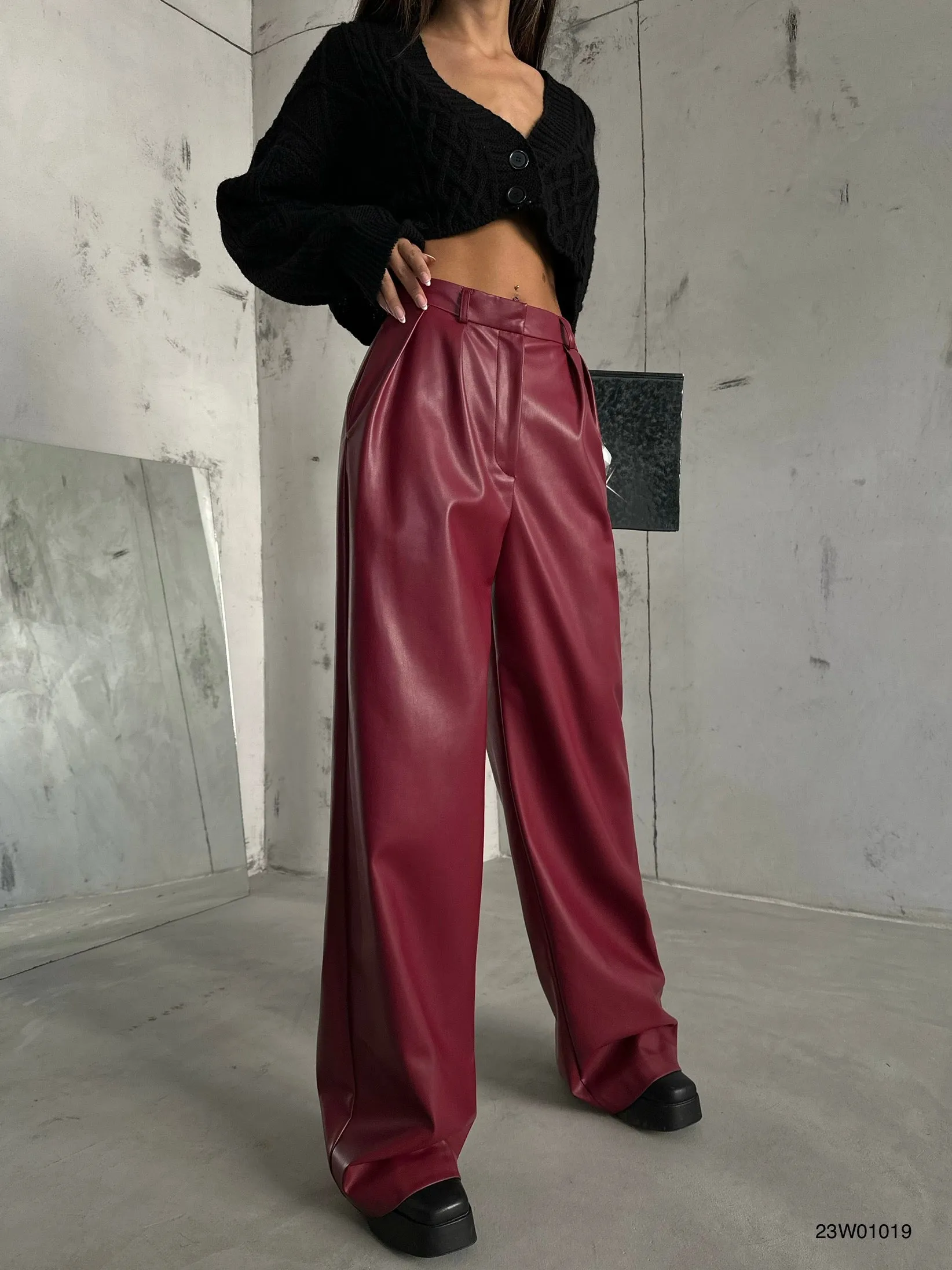 Pleated Wide Leg Leather Pants