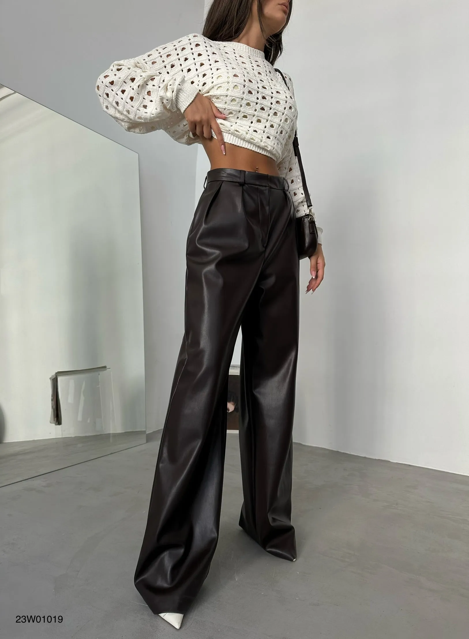 Pleated Wide Leg Leather Pants