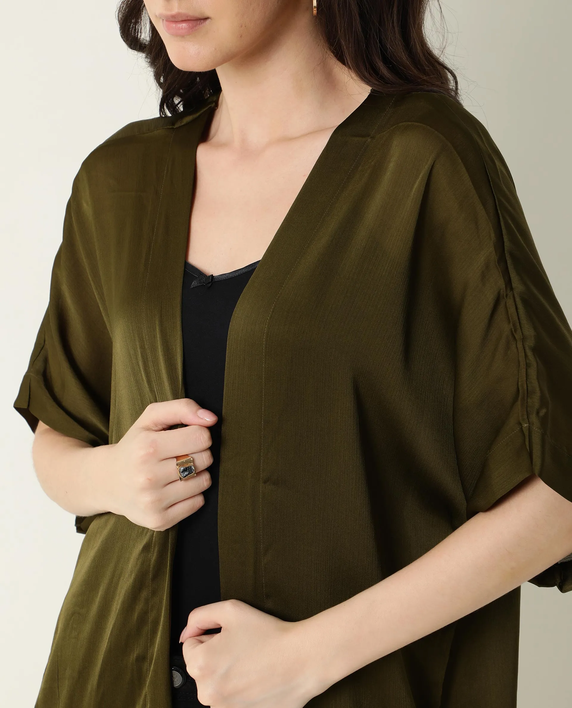 Rareism Womens Saga Green Outer Wear Polyester Fabric Regular Fit Half Sleeve