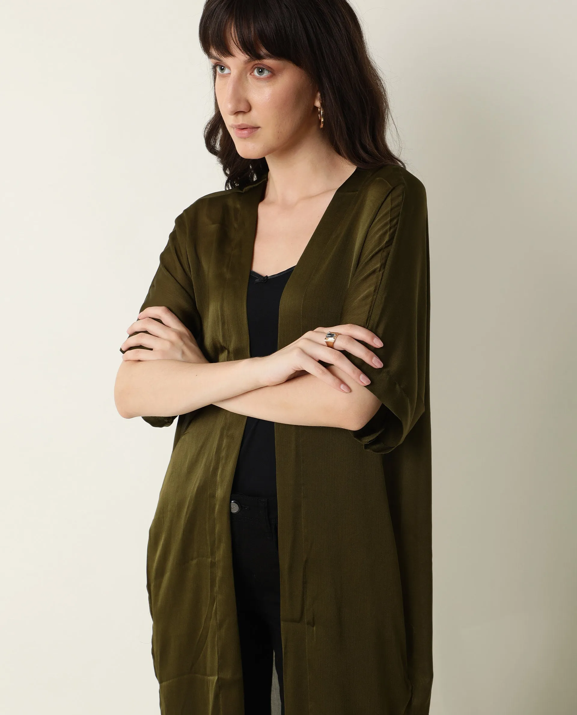 Rareism Womens Saga Green Outer Wear Polyester Fabric Regular Fit Half Sleeve