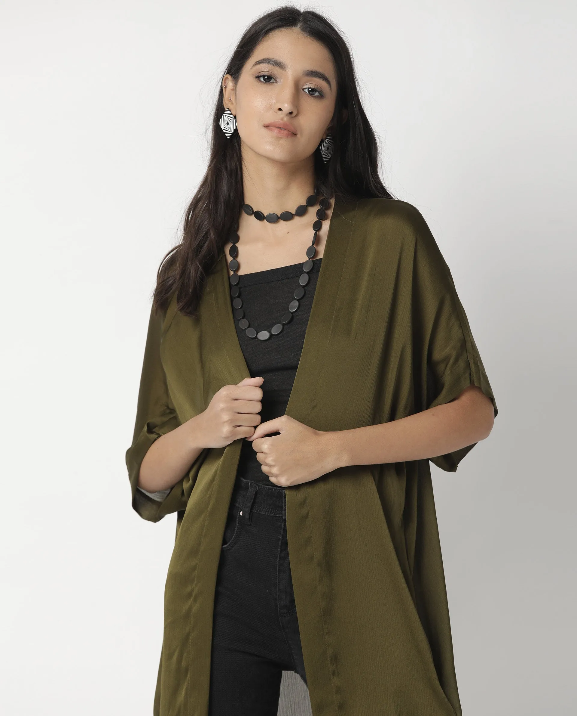 Rareism Womens Saga Green Outer Wear Polyester Fabric Regular Fit Half Sleeve