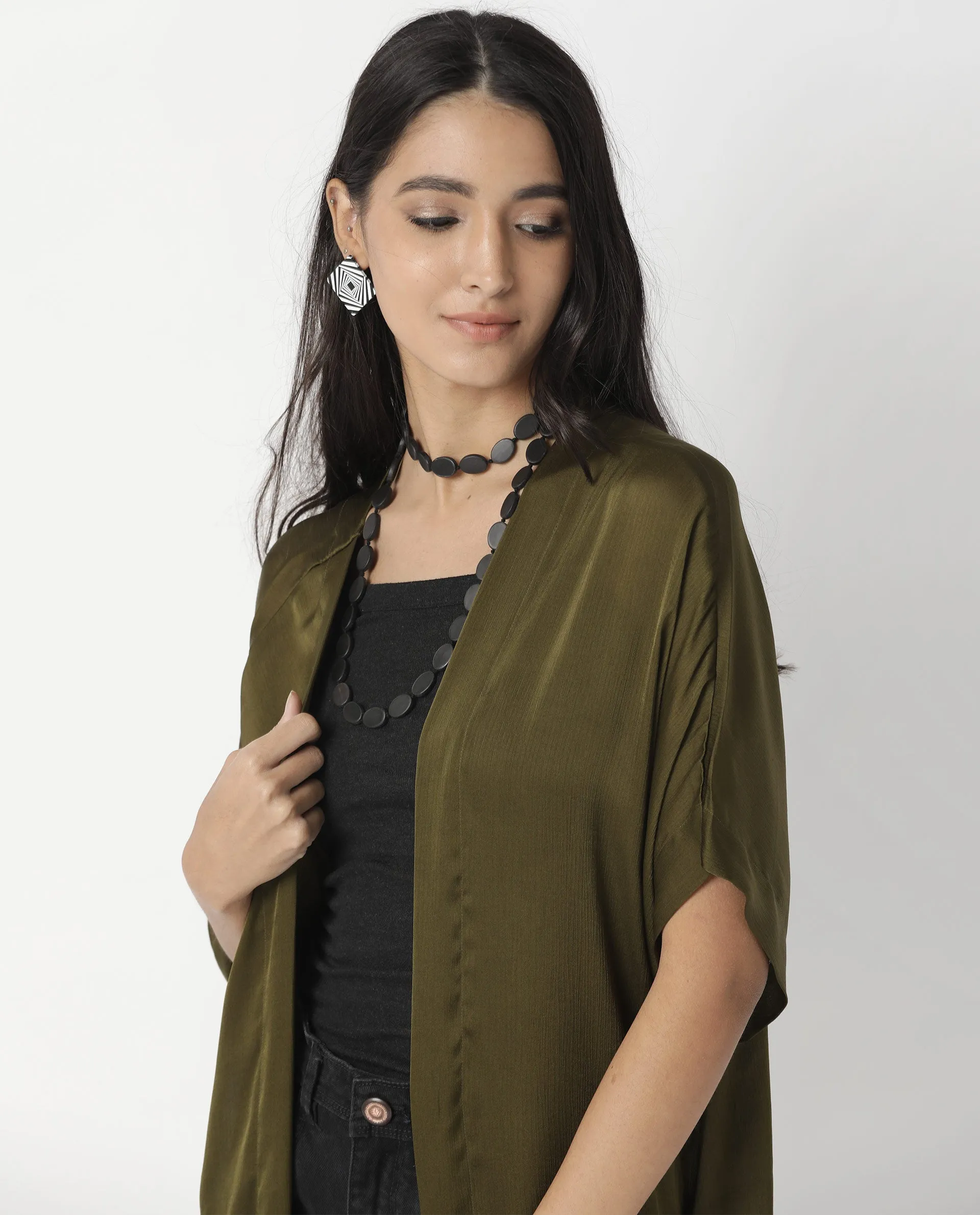 Rareism Womens Saga Green Outer Wear Polyester Fabric Regular Fit Half Sleeve