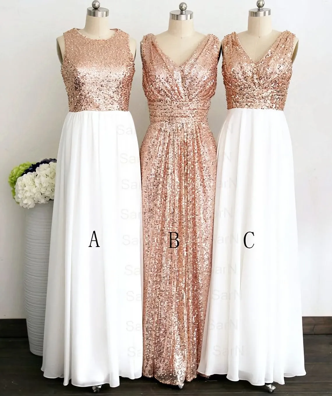 Rose Gold Sequin White Chiffon V Neck Sexy Long Elegant Simple Prom Dresses