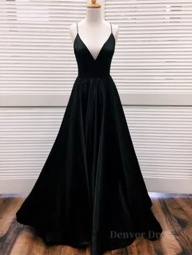 Simple A Line V Neck Black Satin Long Prom Dresses Black Formal Dresses Evening Dresses 2019