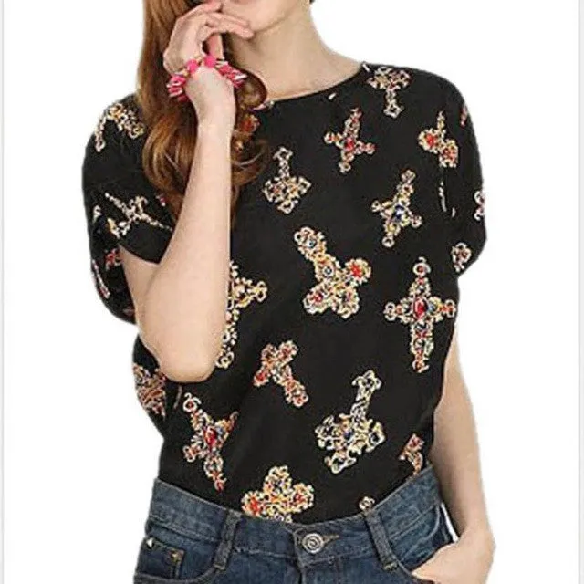 Summer Fashion O Neck Bird Printed Women Tops Colorful Short Sleeve Female T-Shirts Batwing Loose Chiffon Shirt Feminino