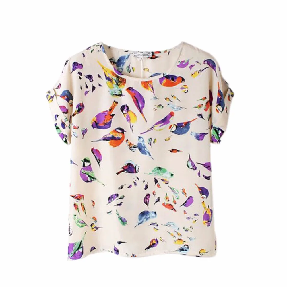 Summer Fashion O Neck Bird Printed Women Tops Colorful Short Sleeve Female T-Shirts Batwing Loose Chiffon Shirt Feminino