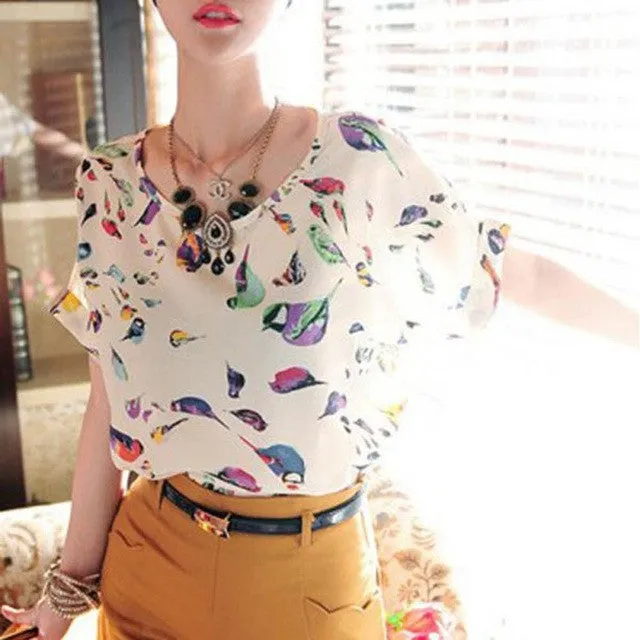 Summer Fashion O Neck Bird Printed Women Tops Colorful Short Sleeve Female T-Shirts Batwing Loose Chiffon Shirt Feminino