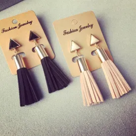 Vintage Triangle Tassel Drop Earrings Faux Suede Fabric Long Dangle Earrings for Women 2A3006