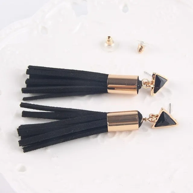 Vintage Triangle Tassel Drop Earrings Faux Suede Fabric Long Dangle Earrings for Women 2A3006