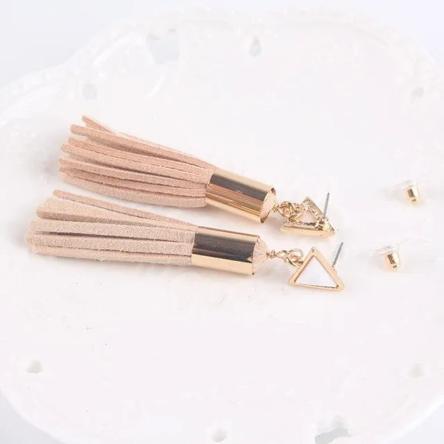 Vintage Triangle Tassel Drop Earrings Faux Suede Fabric Long Dangle Earrings for Women 2A3006